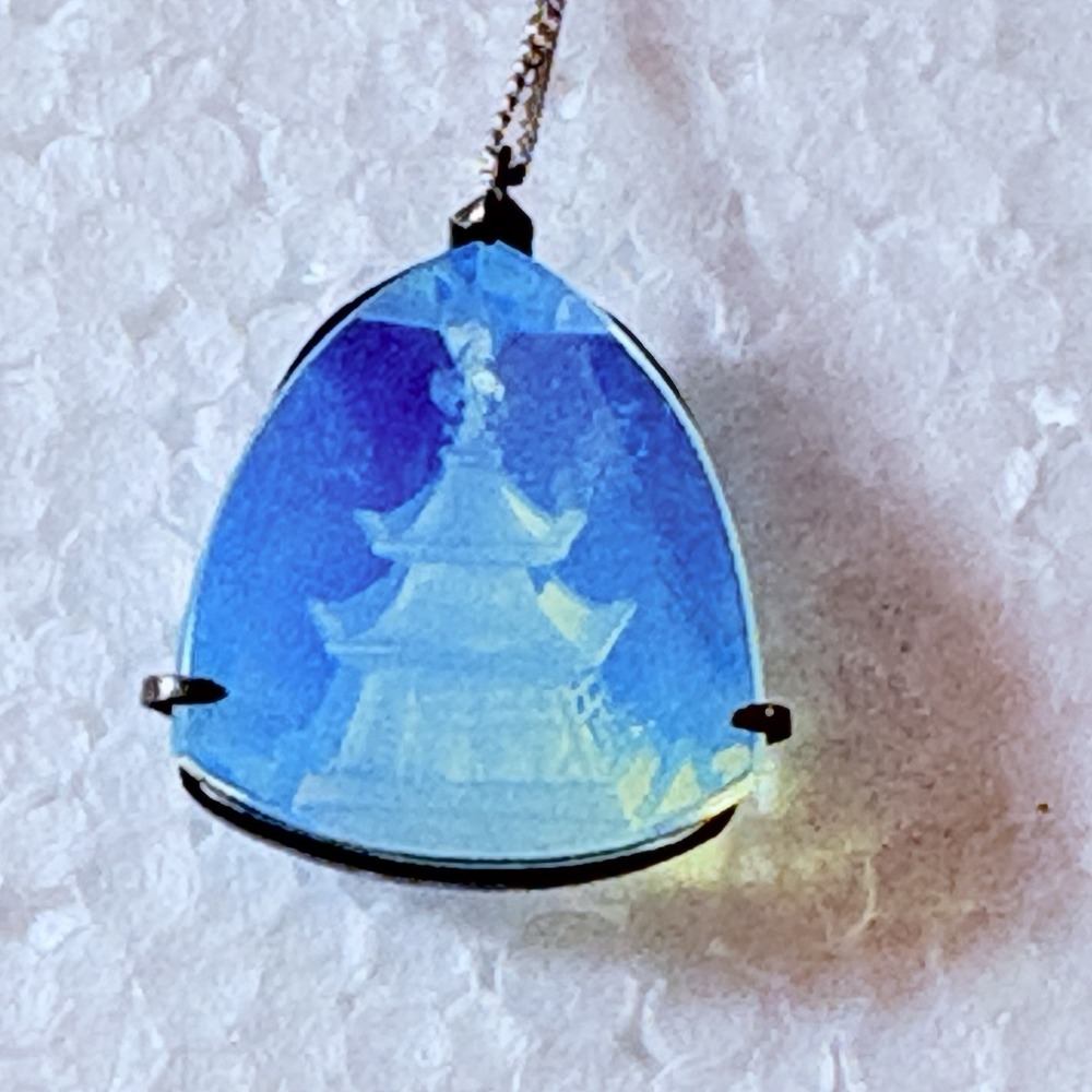 Opalite Pagoda Pendant Necklace Silver Tone Blue Glass Ethereal Fairy Celestial